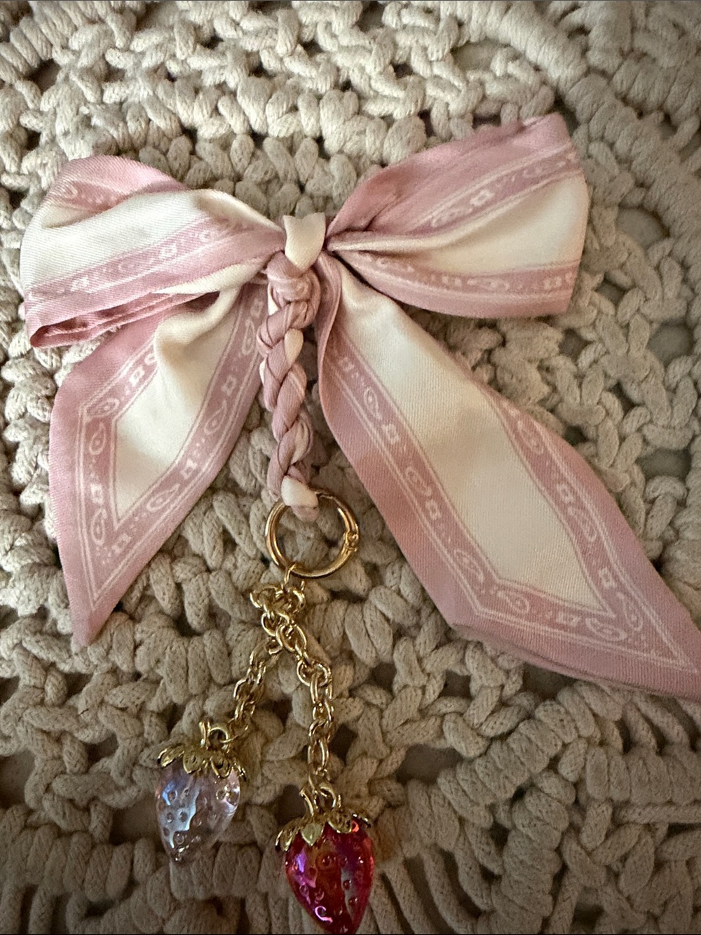 Pink and Cream Braided Bow Keychain with Strawberry Charms